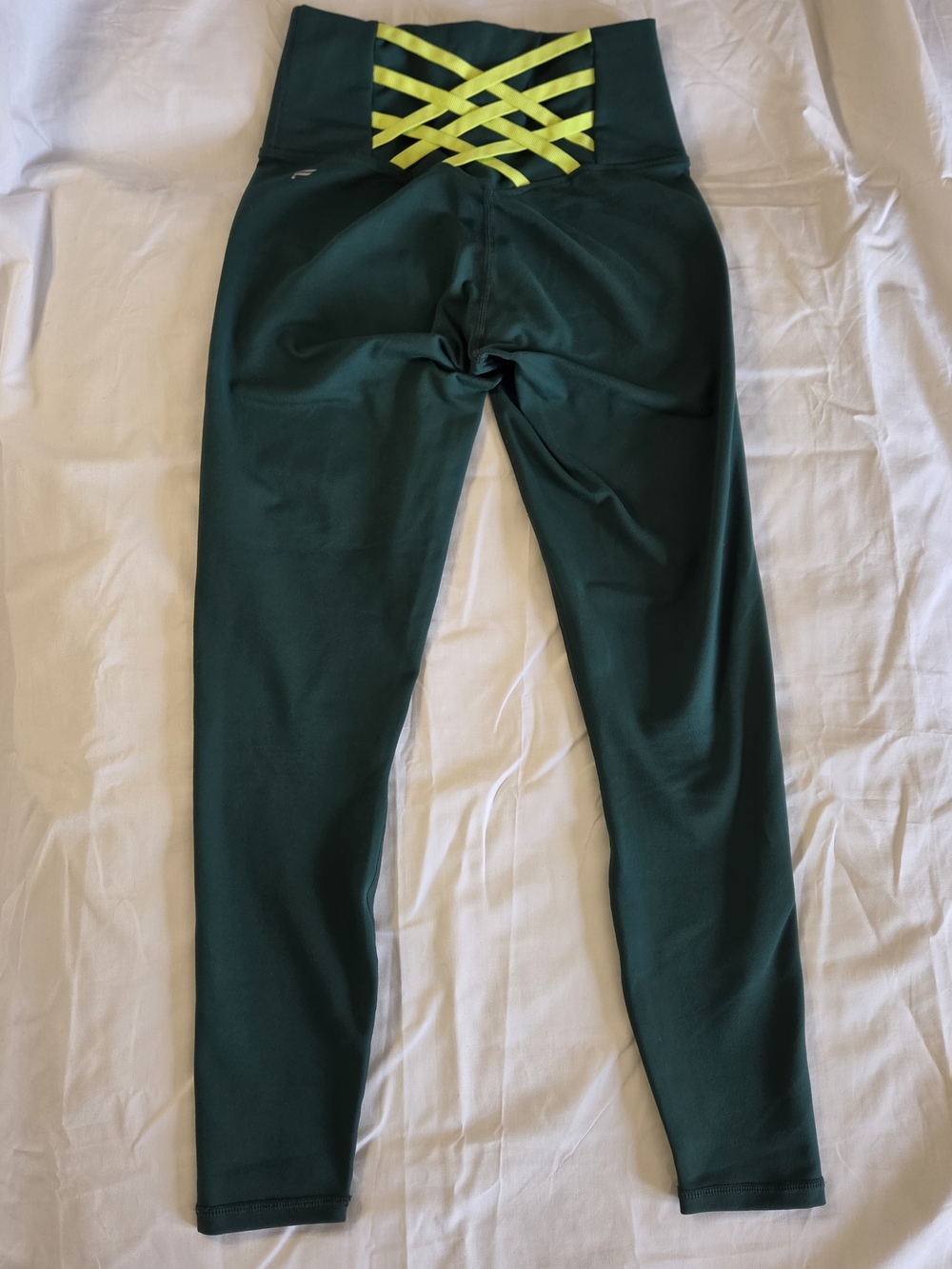Fabletics Powerhold High Rise Lattice Cutout Leggings Hunter Green Citron XXS